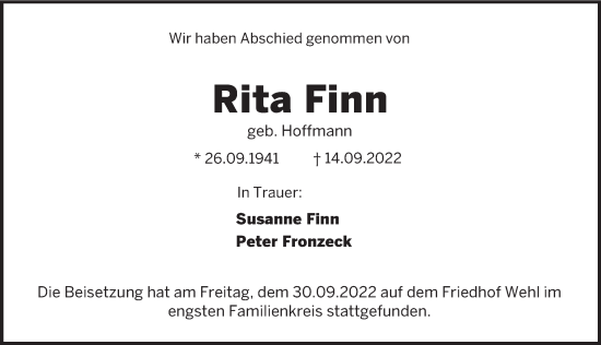 Traueranzeige von Rita Finn von Deister- und Weserzeitung