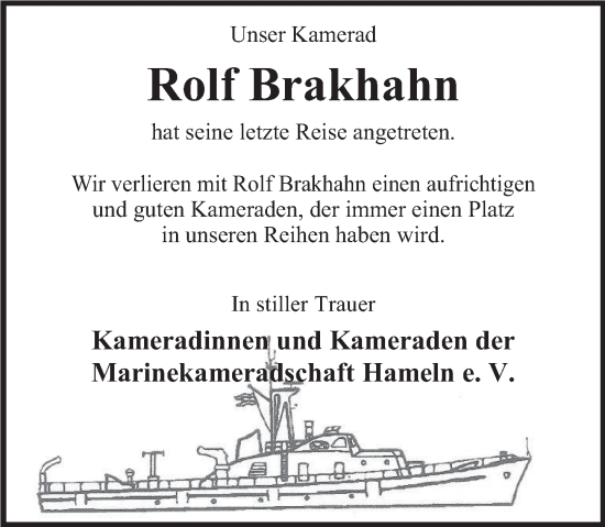 Traueranzeige von Rolf Brakhahn von Deister- und Weserzeitung
