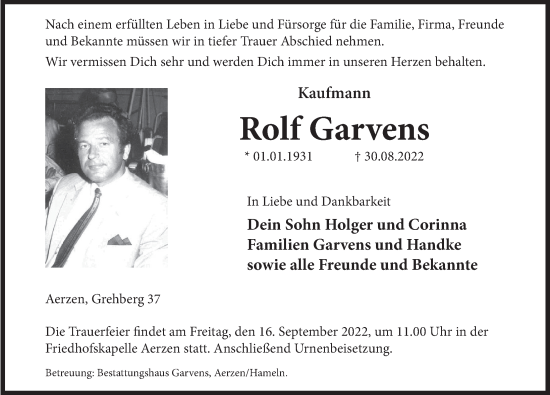 Traueranzeige von Rolf Garvens von Deister- und Weserzeitung