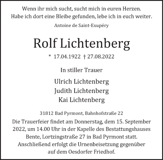 Traueranzeige von Rolf Lichtenberg von Deister- und Weserzeitung