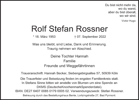 Traueranzeige von Rolf Stefan Rossner von Deister- und Weserzeitung