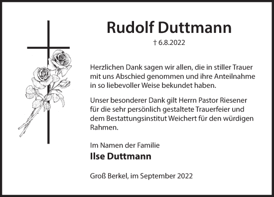Traueranzeige von Rudolf Duttmann von Deister- und Weserzeitung