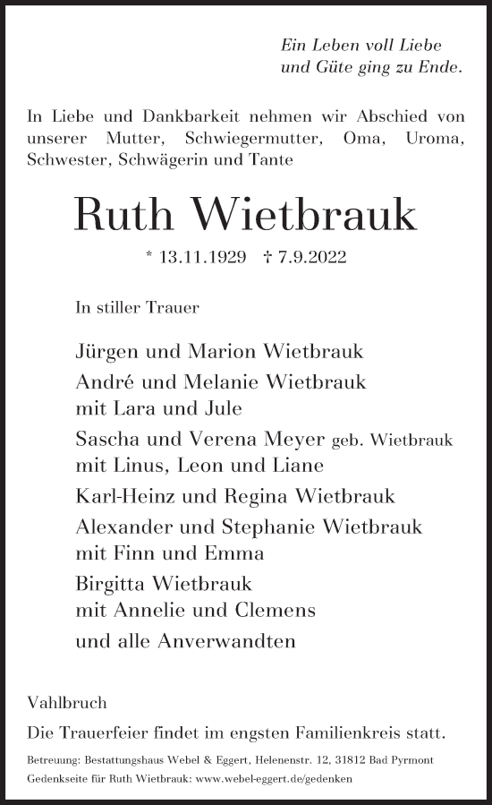 Traueranzeige von Ruth Wietbrauk von Deister- und Weserzeitung