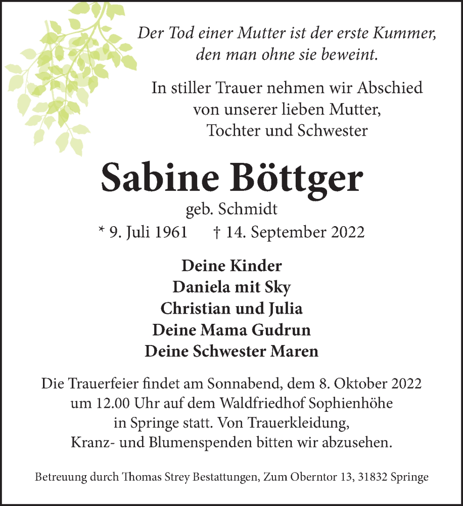  Traueranzeige für Sabine Böttger vom 24.09.2022 aus Neue Deister-Zeitung