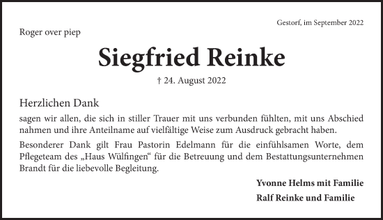 Traueranzeige von Siegfried Reinke von Neue Deister-Zeitung