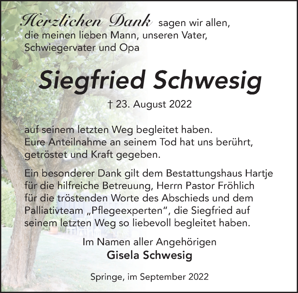  Traueranzeige für Siegfried Schwesig vom 01.10.2022 aus Neue Deister-Zeitung