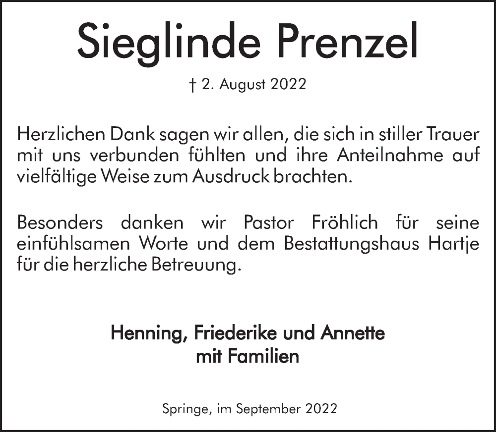  Traueranzeige für Sieglinde Prenzel vom 03.09.2022 aus Neue Deister-Zeitung