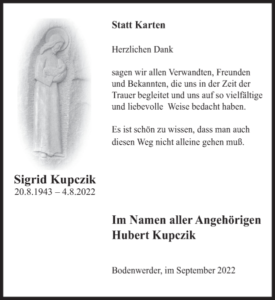 Traueranzeige von Sigrid Kupczik von Deister- und Weserzeitung