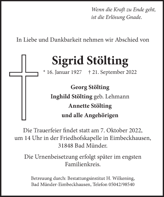 Traueranzeige von Sigrid Stölting von Neue Deister-Zeitung