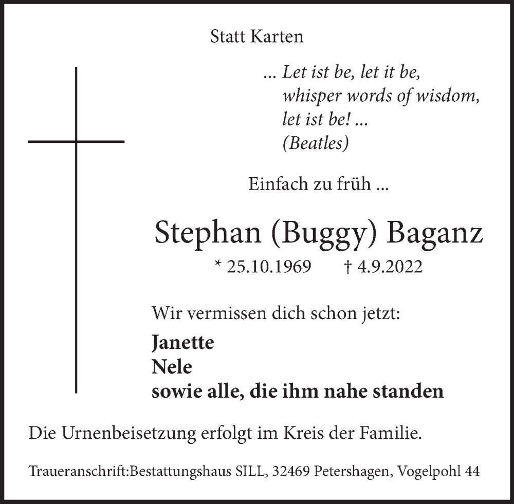  Traueranzeige für Stephan  Baganz vom 17.09.2022 aus Neue Deister-Zeitung