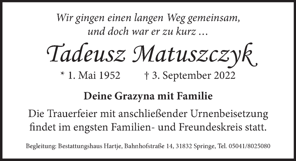  Traueranzeige für Tadeusz Matuszczyk vom 07.09.2022 aus Neue Deister-Zeitung