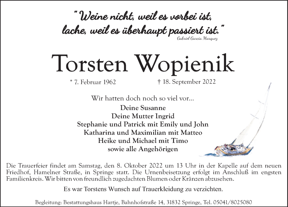  Traueranzeige für Torsten Wopienik vom 24.09.2022 aus Neue Deister-Zeitung