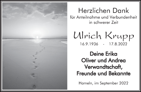 Traueranzeige von Ulrich Krupp von Deister- und Weserzeitung