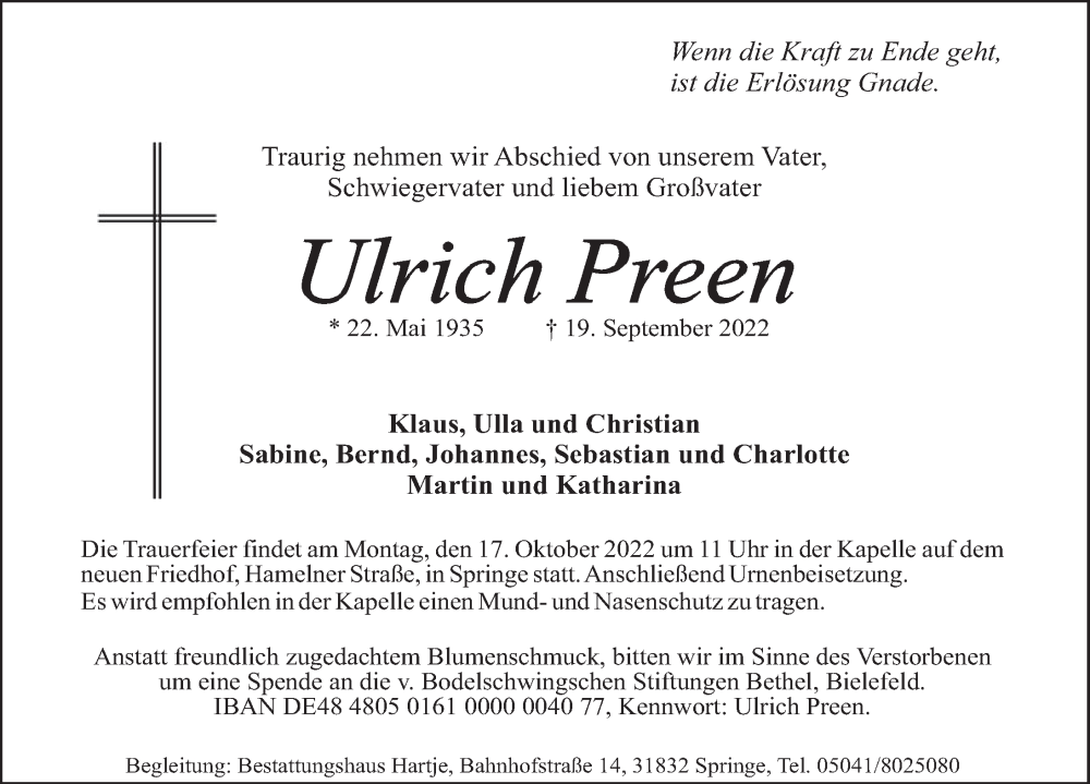 Traueranzeige für Ulrich Preen vom 24.09.2022 aus Neue Deister-Zeitung