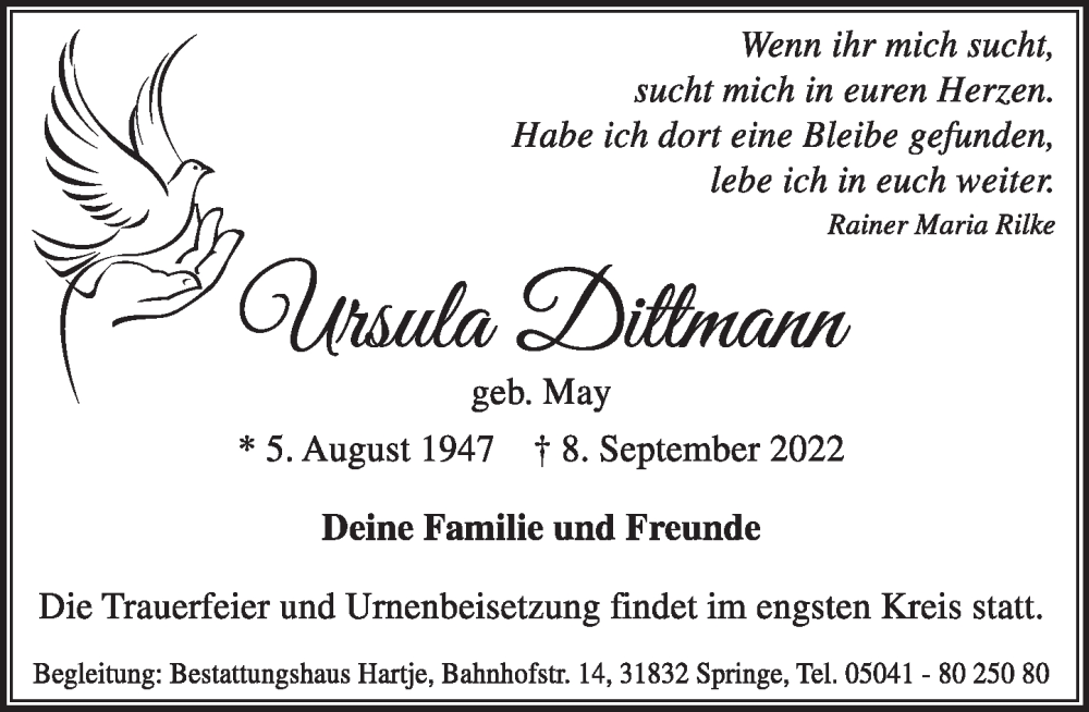  Traueranzeige für Ursula Dittmann vom 24.09.2022 aus Neue Deister-Zeitung