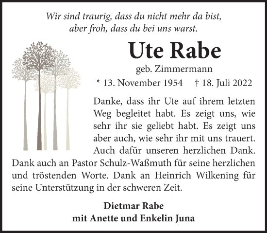 Traueranzeige von Ute Rabe von Neue Deister-Zeitung