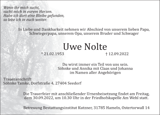 Traueranzeige von Uwe Nolte von Deister- und Weserzeitung