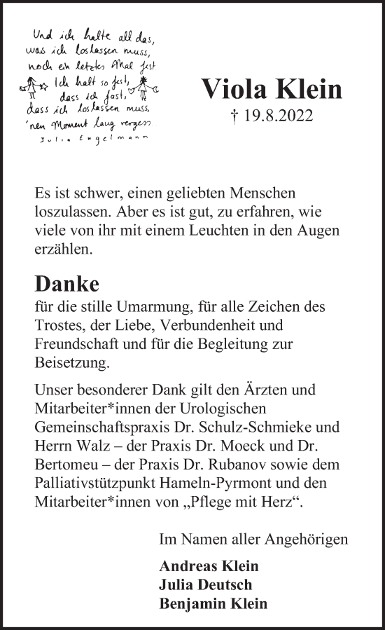 Traueranzeige von Viola Klein von Deister- und Weserzeitung
