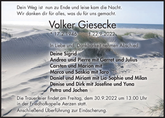 Traueranzeige von Volker Giesecke von Deister- und Weserzeitung
