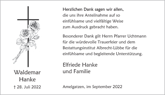 Traueranzeige von Waldemar Hanke von Deister- und Weserzeitung