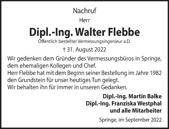 Traueranzeige von Walter Flebbe von Neue Deister-Zeitung