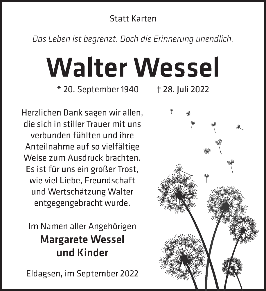  Traueranzeige für Walter Wessel vom 10.09.2022 aus Neue Deister-Zeitung
