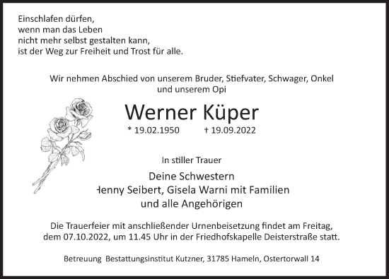 Traueranzeige von Werner Küper von Deister- und Weserzeitung