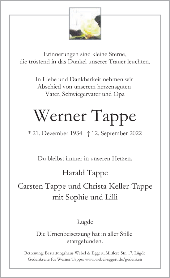 Traueranzeige von Werner Tappe von Deister- und Weserzeitung