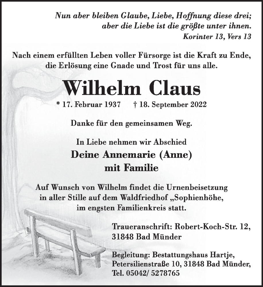  Traueranzeige für Wilhelm Claus vom 24.09.2022 aus Neue Deister-Zeitung