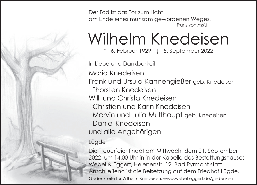  Traueranzeige für Wilhelm Knedeisen vom 17.09.2022 aus Deister- und Weserzeitung
