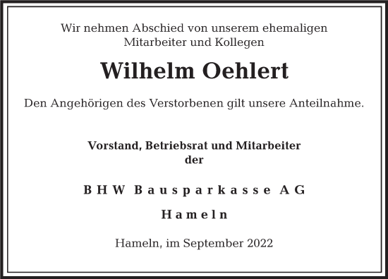 Traueranzeige von Wilhelm Oehlert von Deister- und Weserzeitung
