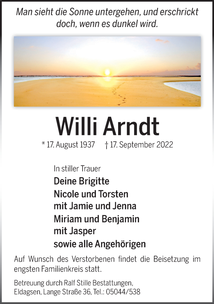  Traueranzeige für Willi Arndt vom 24.09.2022 aus Neue Deister-Zeitung