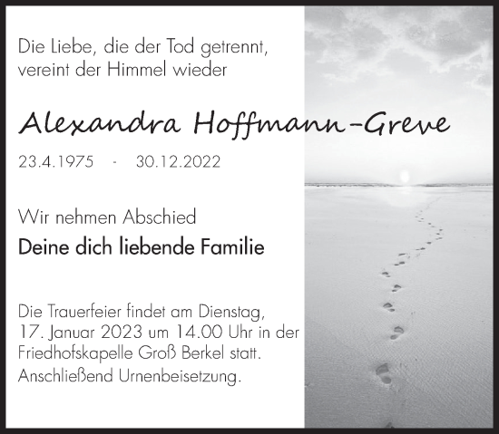 Traueranzeige von Alexandra Hoffmann-Greve von Deister- und Weserzeitung