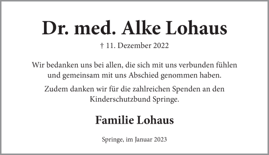Traueranzeige von Alke Lohaus von Neue Deister-Zeitung