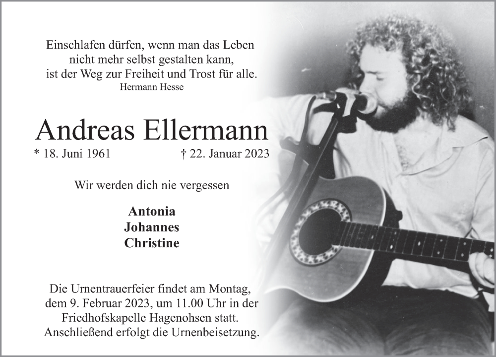  Traueranzeige für Andreas Ellermann vom 04.02.2023 aus Deister- und Weserzeitung