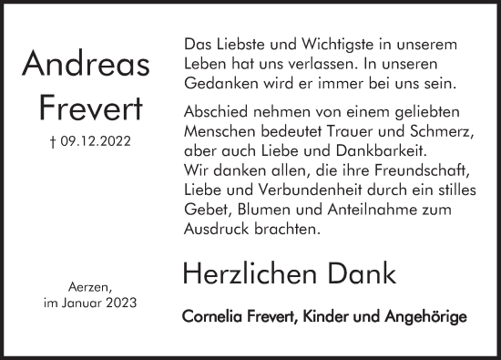 Traueranzeige von Andreas Frevert von Deister- und Weserzeitung