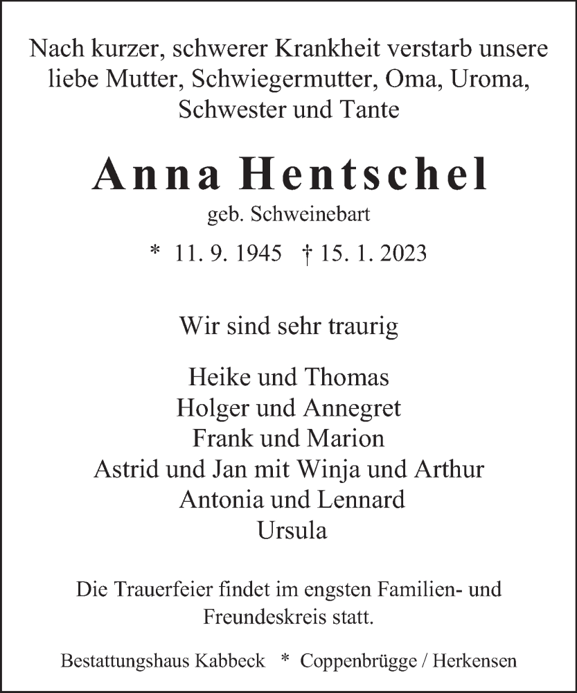  Traueranzeige für Anna Hentschel vom 21.01.2023 aus Deister- und Weserzeitung