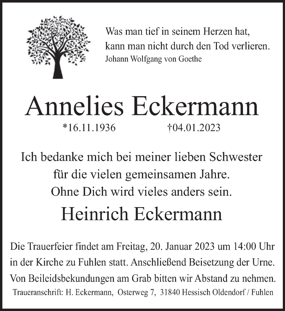  Traueranzeige für Annelies Eckermann vom 14.01.2023 aus Deister- und Weserzeitung