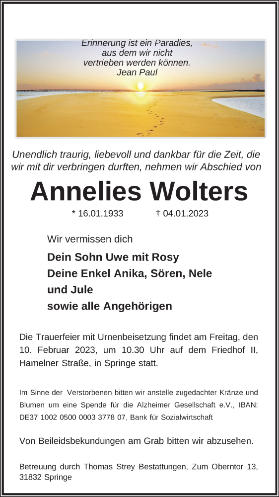  Traueranzeige für Annelies Wolters vom 04.02.2023 aus Neue Deister-Zeitung