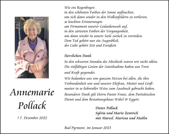 Traueranzeige von Annemarie Pollack von Deister- und Weserzeitung