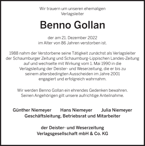 Traueranzeige von Benno Gollan von Deister- und Weserzeitung