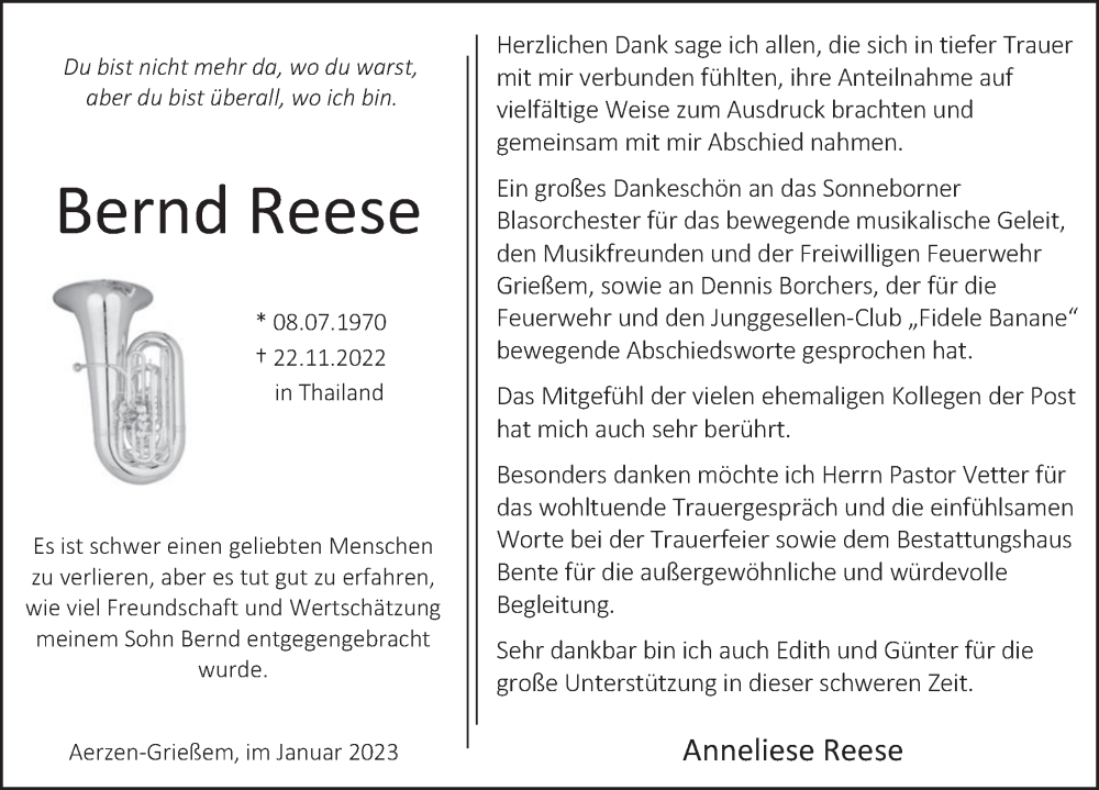  Traueranzeige für Bernd Reese vom 14.01.2023 aus Deister- und Weserzeitung