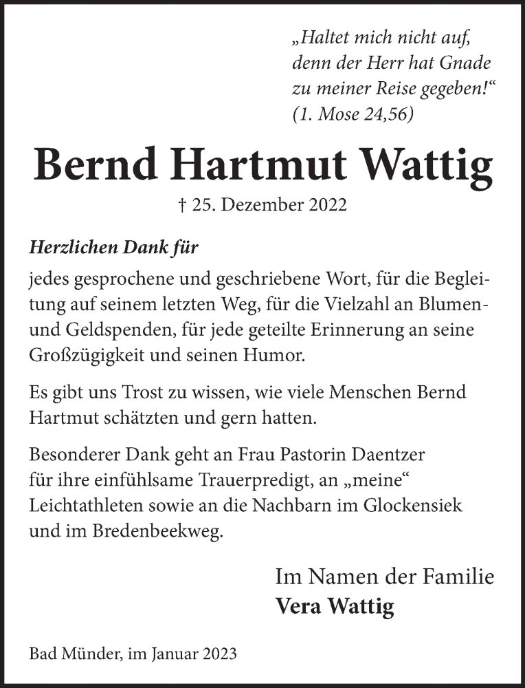  Traueranzeige für Bernd Hartmut Wattig vom 28.01.2023 aus Neue Deister-Zeitung