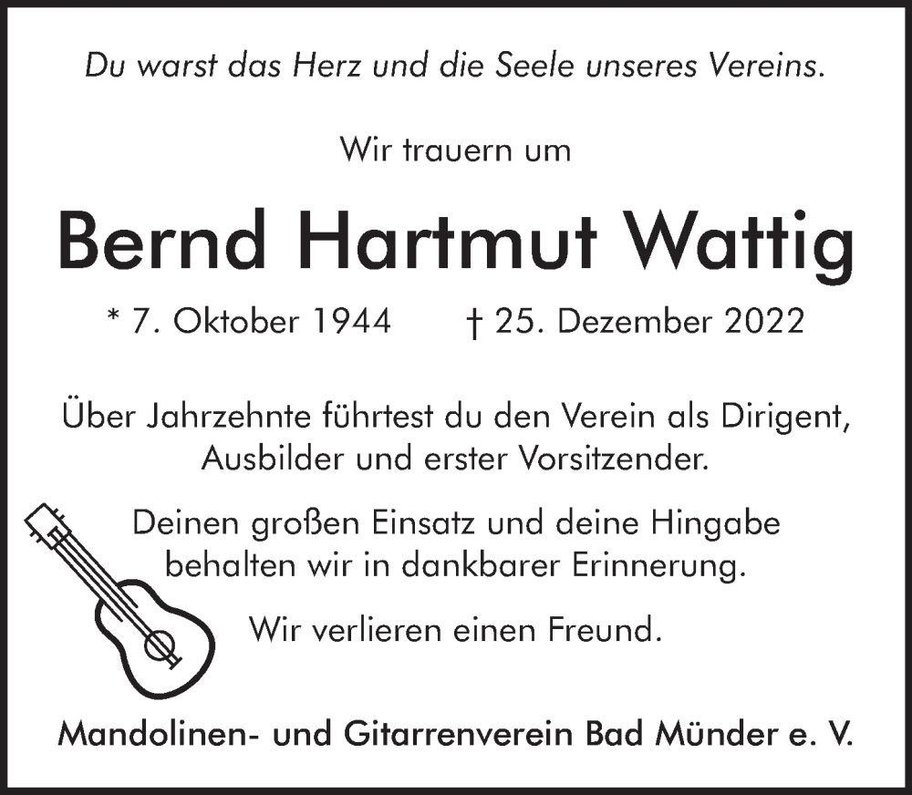  Traueranzeige für Bernd Hartmut Wattig vom 07.01.2023 aus Neue Deister-Zeitung