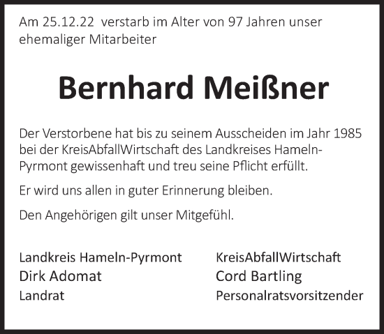 Traueranzeige von Bernhard Meißner von Deister- und Weserzeitung
