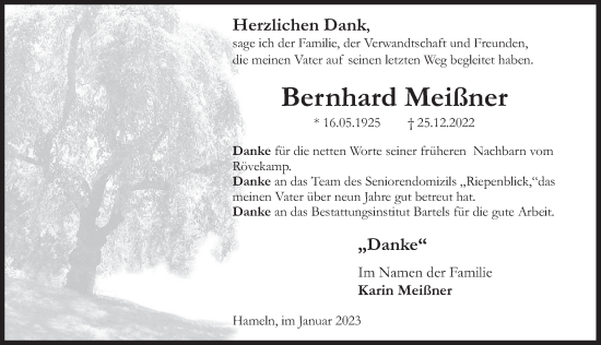 Traueranzeige von Bernhard Meißner von Deister- und Weserzeitung