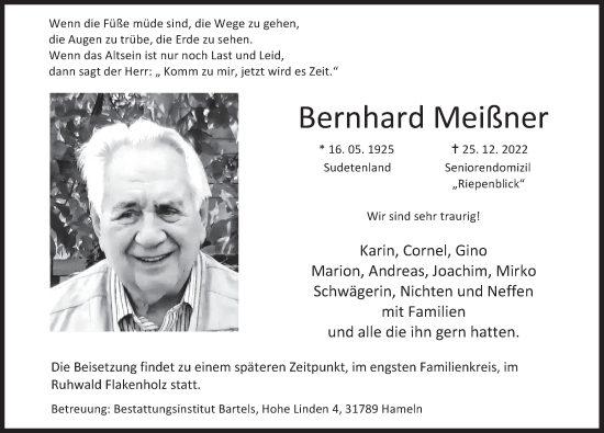 Traueranzeige von Bernhard Meißner von Deister- und Weserzeitung