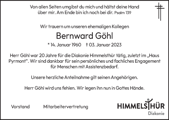 Traueranzeige von Bernward Göhl von Deister- und Weserzeitung