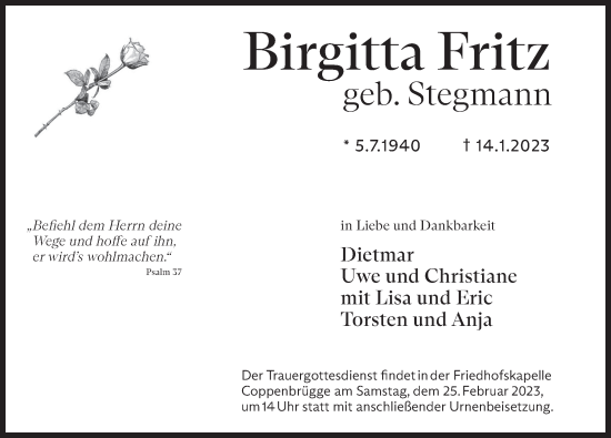 Traueranzeige von Birgitta Fritz von Deister- und Weserzeitung