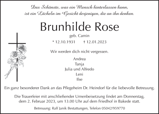 Traueranzeige von Brunhilde Rose von Neue Deister-Zeitung